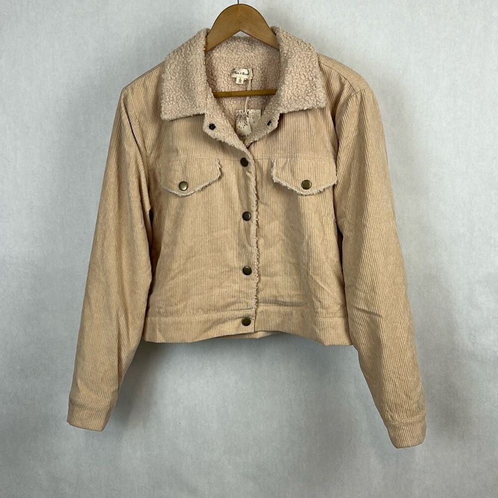 NEW Hem & Thread Corduroy Sherpa Trucker Jacket Sz Large Tan Beige Snap Button